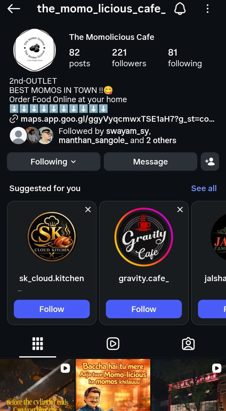 The Momolicious Cafe Instagram profile for the second outlet